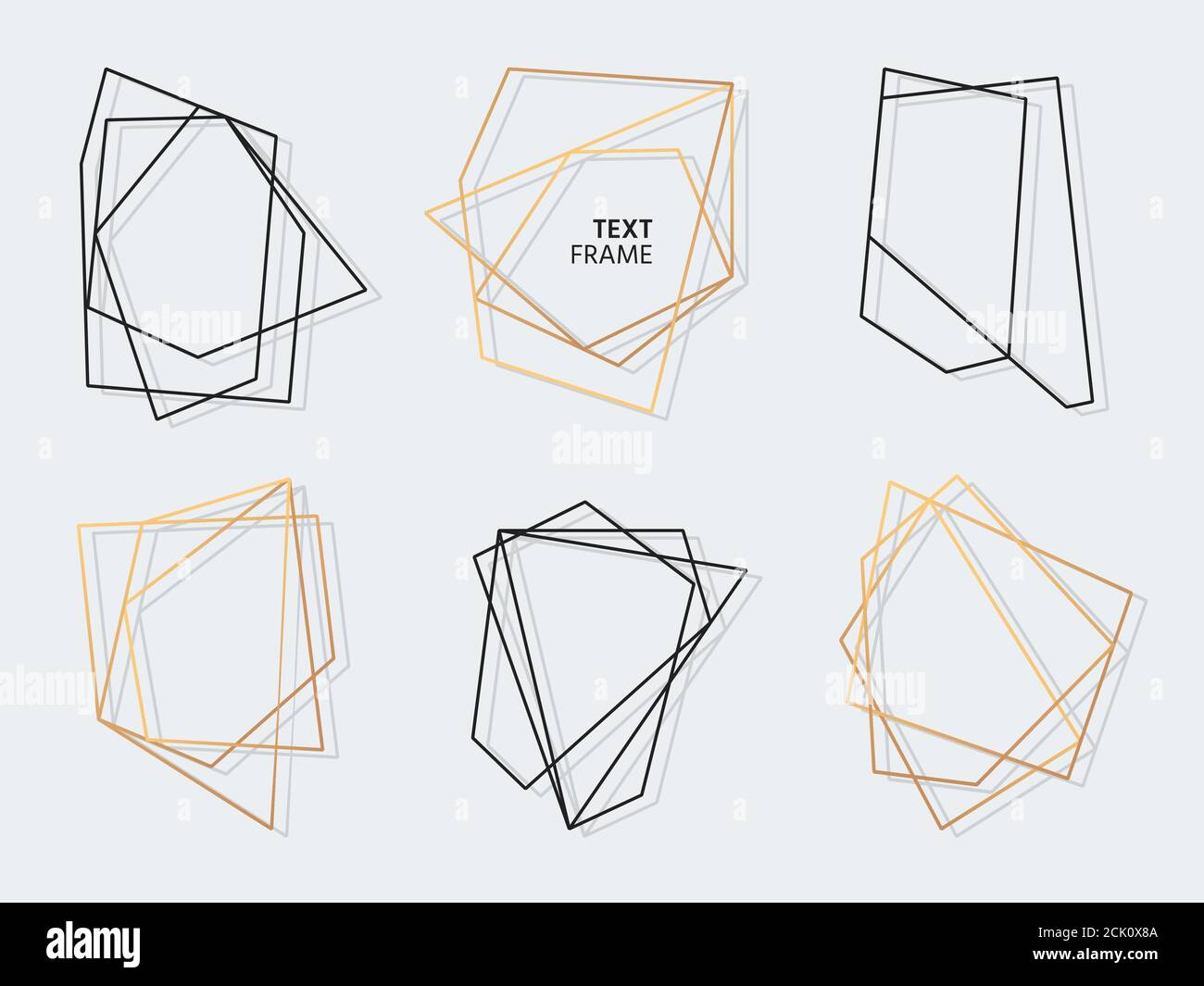 Schwarz und Gold Rahmen abstrakte polygonale geometrische Set. Luxus dekorativ modern. Hochzeit Einladung Karte Vorlage leeren Text Banner. Polyeder Rahmen Design Element isoliert Vektor Illustration Stock Vektor