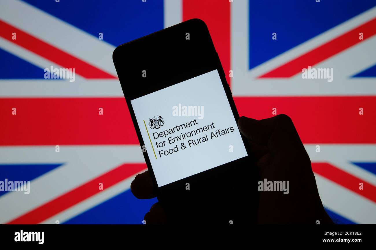 Department for Environment Food and Rural Affairs des Vereinigten Königreichs, das auf dem Smartphone zu sehen ist, halten in der Hand und Flagge des Vereinigten Königreichs Stockfoto
