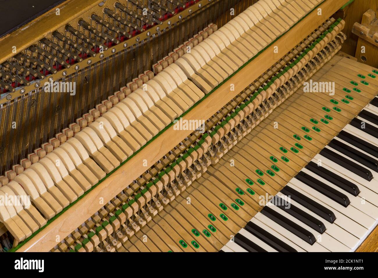Das Innenleben eines aufrechten Klaviers, das die Streicher und Hämmer im Inneren zeigt. Stockfoto