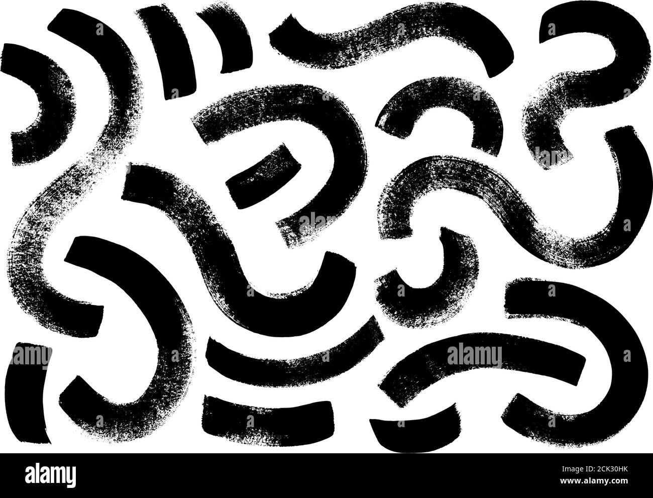 Schmutzige runde, geschwungene Linien und wellige Pinselstriche. Pinselstriche mit schwarzer Farbe. Handgezeichnete Tuscheabbildung isoliert auf weißem Hintergrund. Mod Stock Vektor