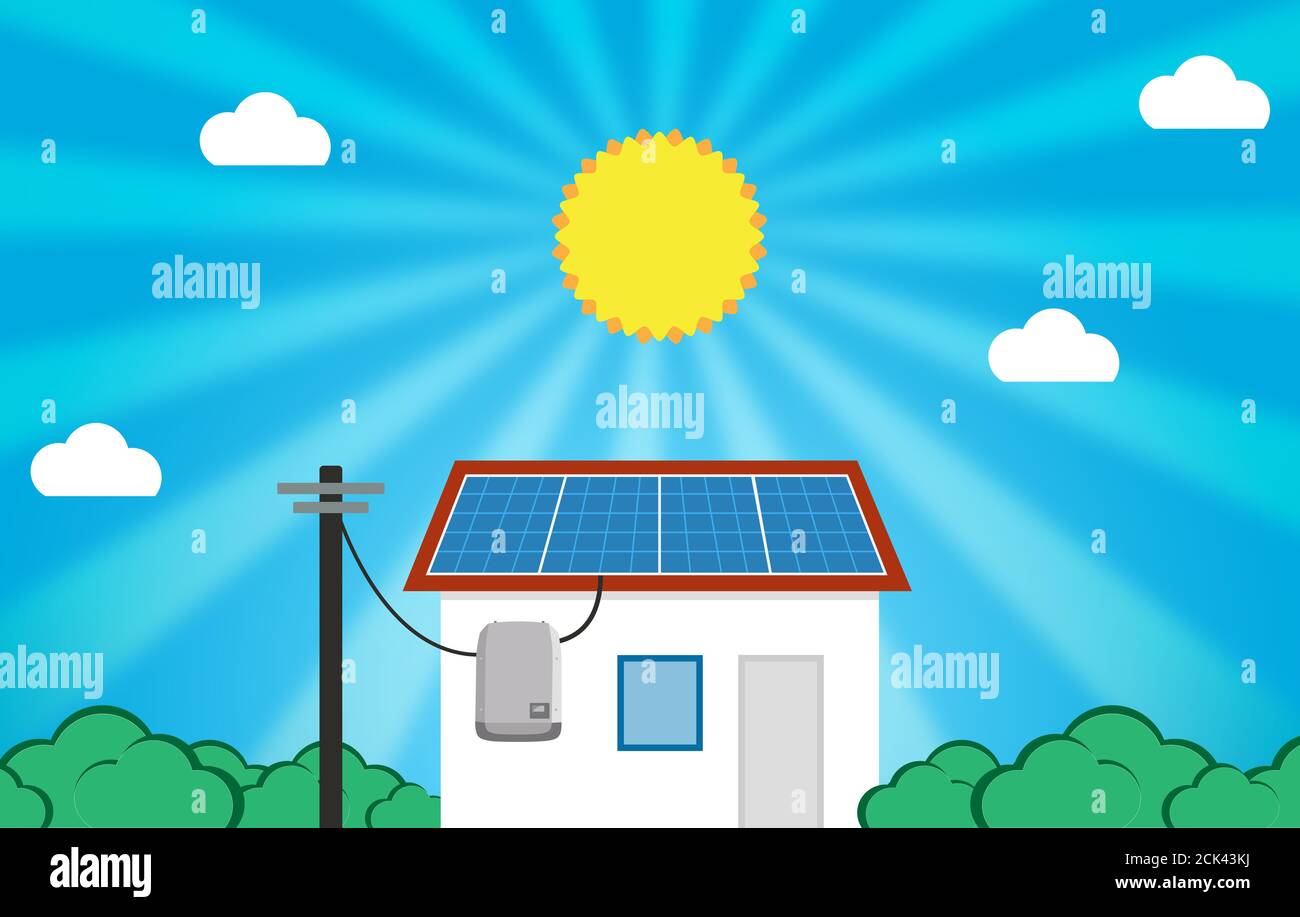 Solarenergiehaus mit Panel und Wechselrichter - Grüne Energie Ein umweltfreundliches Konzept Bild Stockfoto
