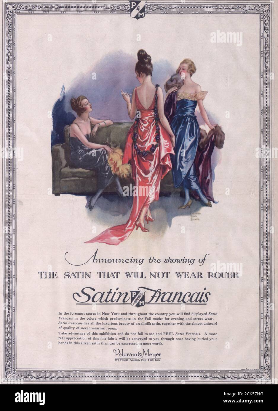 Ankündigung der Vorführung des Satins, die nicht rau tragen wird - Satin Francais - Werbung, 1919 Stockfoto