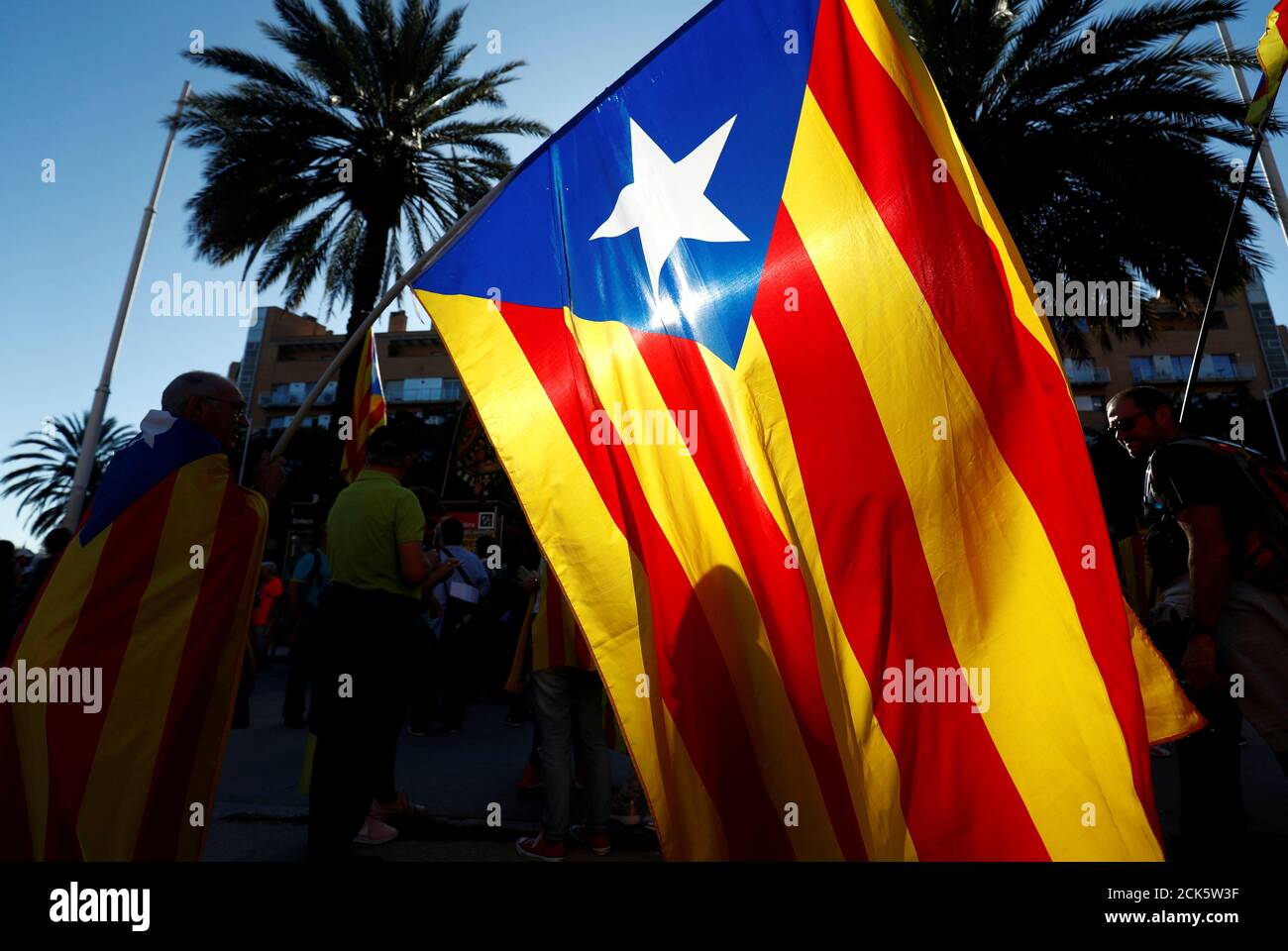 Eine Estelada (katalanische Separatistenflagge) wird als katalanische Unabhängigkeitsdemonstranten gesehen, die an einem Protest teilnehmen, um die Freilassung inhaftierten Separatistenführer in Barcelona, Spanien, am 26. Oktober 2019 zu fordern. REUTERS/Sergio Perez Stockfoto