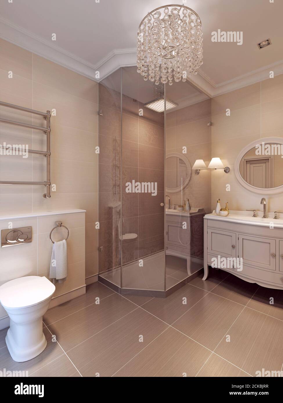 Ein Badezimmer in modernem Stil. Fliesenmuster in braun und beige Farben.  3D-Rendering Stockfotografie - Alamy