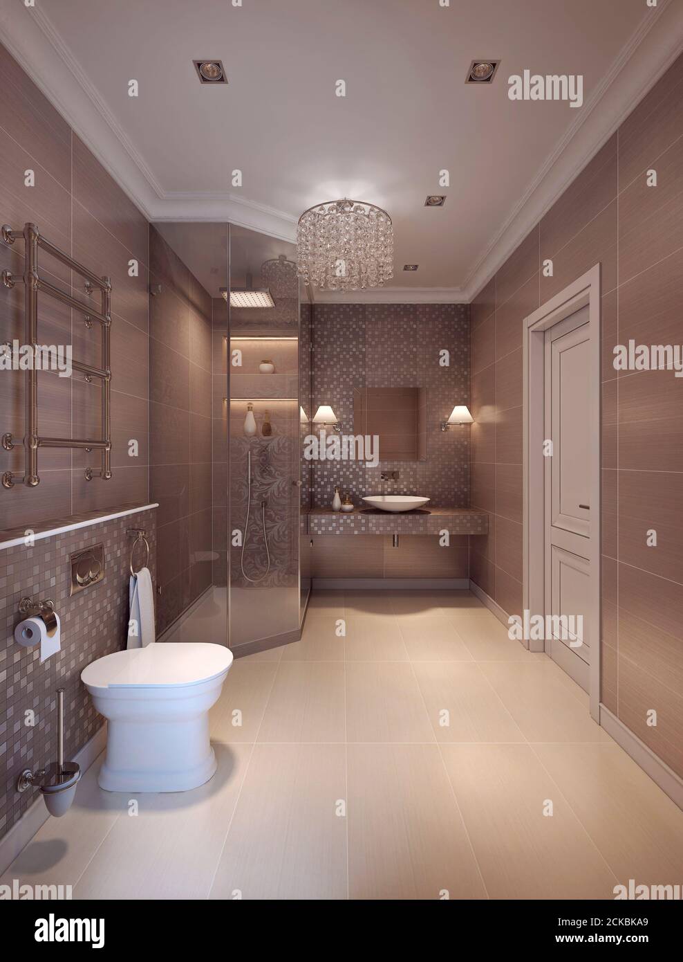 ein badezimmer in modernem stil. die wände der braunen fliesen und