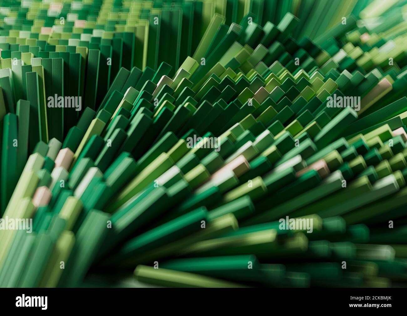 3D-Rendering oder Illustration, Wavy Random Holzstäbchen, grüne Palette. Grafischer Hintergrund. Realistisch. Stockfoto