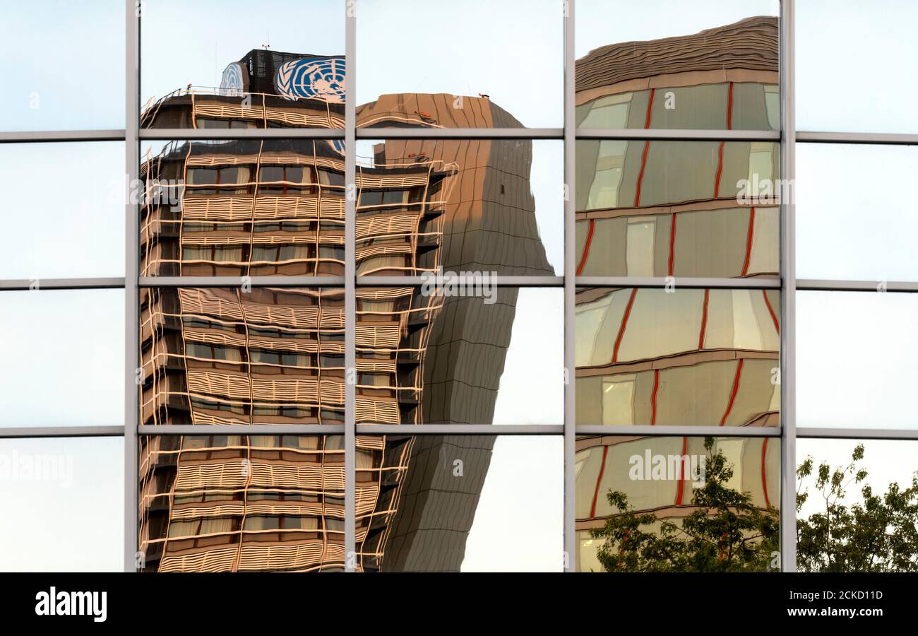 Bonn, Regierungsviertel, Abgeordnetenhochhaus „langer Eugen“ als Spiegelung in der Fassade der ehemaligen Pädagogik Stockfoto