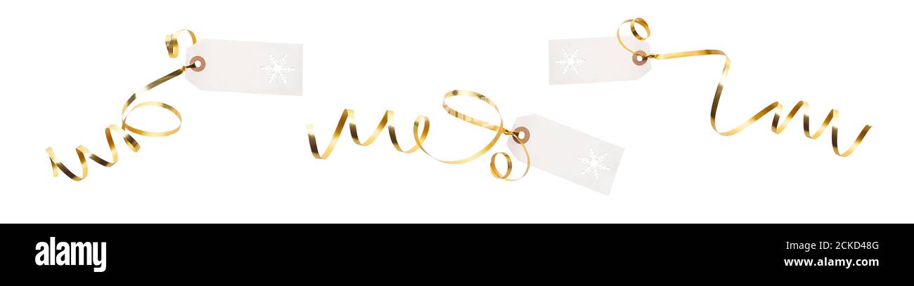 Eine Sammlung von Geschenk-Tags und Label-Vorlage mit Goldband befestigt, um Geschenke, Weihnachten oder Geburtstagsgeschenke gegen einen weißen Backgr isoliert hinzufügen Stockfoto