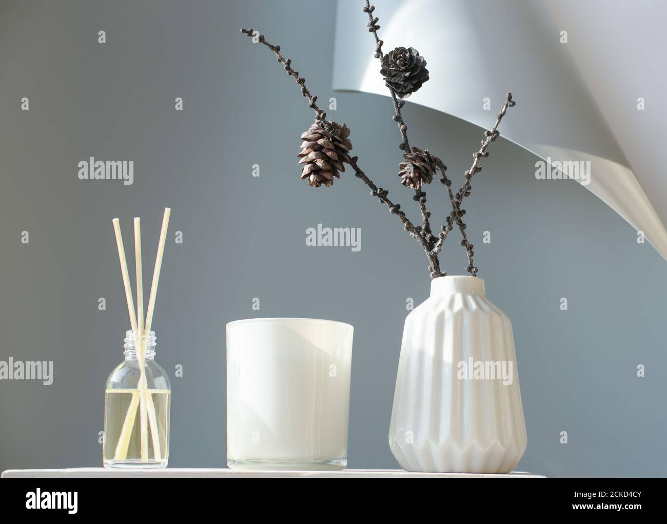Minimalistisches Wohndekor. nordisches Herbst- oder Winterdesign. Hipster-Dekostil. reed-Diffusor, Sojakerze und weiße Vase mit Lärchenzapfen. Monochrome Accessoires für trendige, übersichtliche Räume Stockfoto