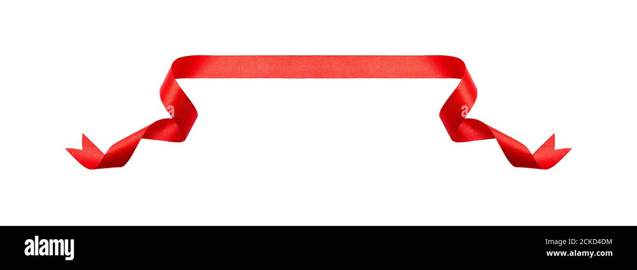 Ein lockiges rotes Band Weihnachten, Geburtstagsgeschenk Banner isoliert vor einem weißen Hintergrund. Stockfoto