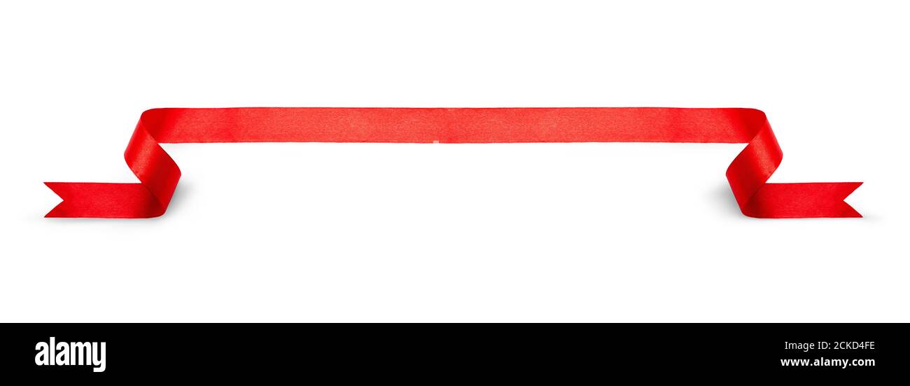 Ein lockiges rotes Band Weihnachten, Geburtstagsgeschenk Banner isoliert vor einem weißen Hintergrund. Stockfoto