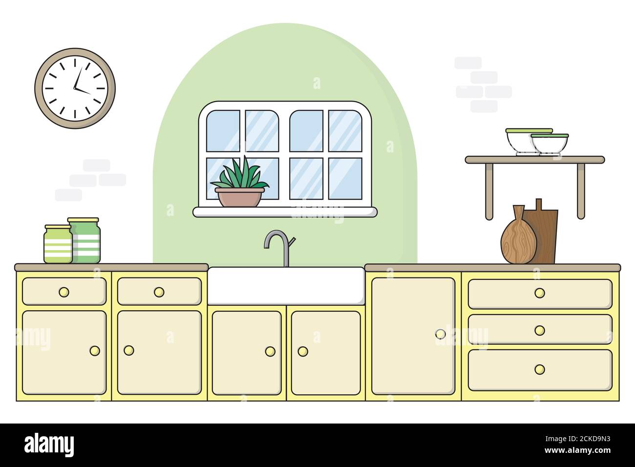 Flache Küche mit gemaltem Bogen, 2020 - 2021 trendy Innenarchitektur. Pastellgelb gestrichene Einheiten, Butler Waschbecken, Regale mit Uhr, Plan Stockfoto