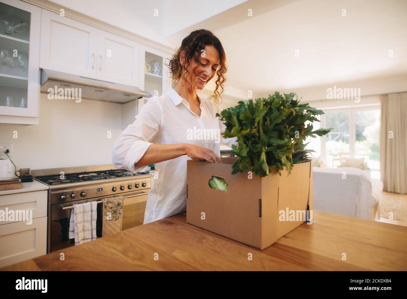 Frau überprüft das frische Gemüse und Obst in einer Lieferbox. Lächelndes Weibchen mit einer Schachtel voller frischem und biologischem Gemüse. Stockfoto