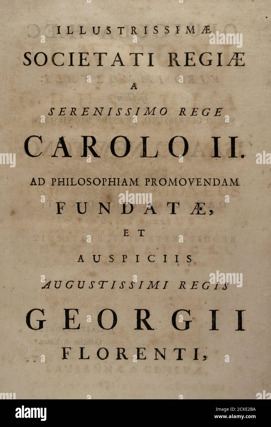 Isaac Newton (1642-1727). Englischer Physiker, Astronom und Mathematiker. 'Opuscula Mathematica, Philosophica et Philosophica'. Band I. Innere Seite mit Erwähnung und Widmung an König Karl II.. Veröffentlicht in Lausanne und Genf, 1744. Stockfoto