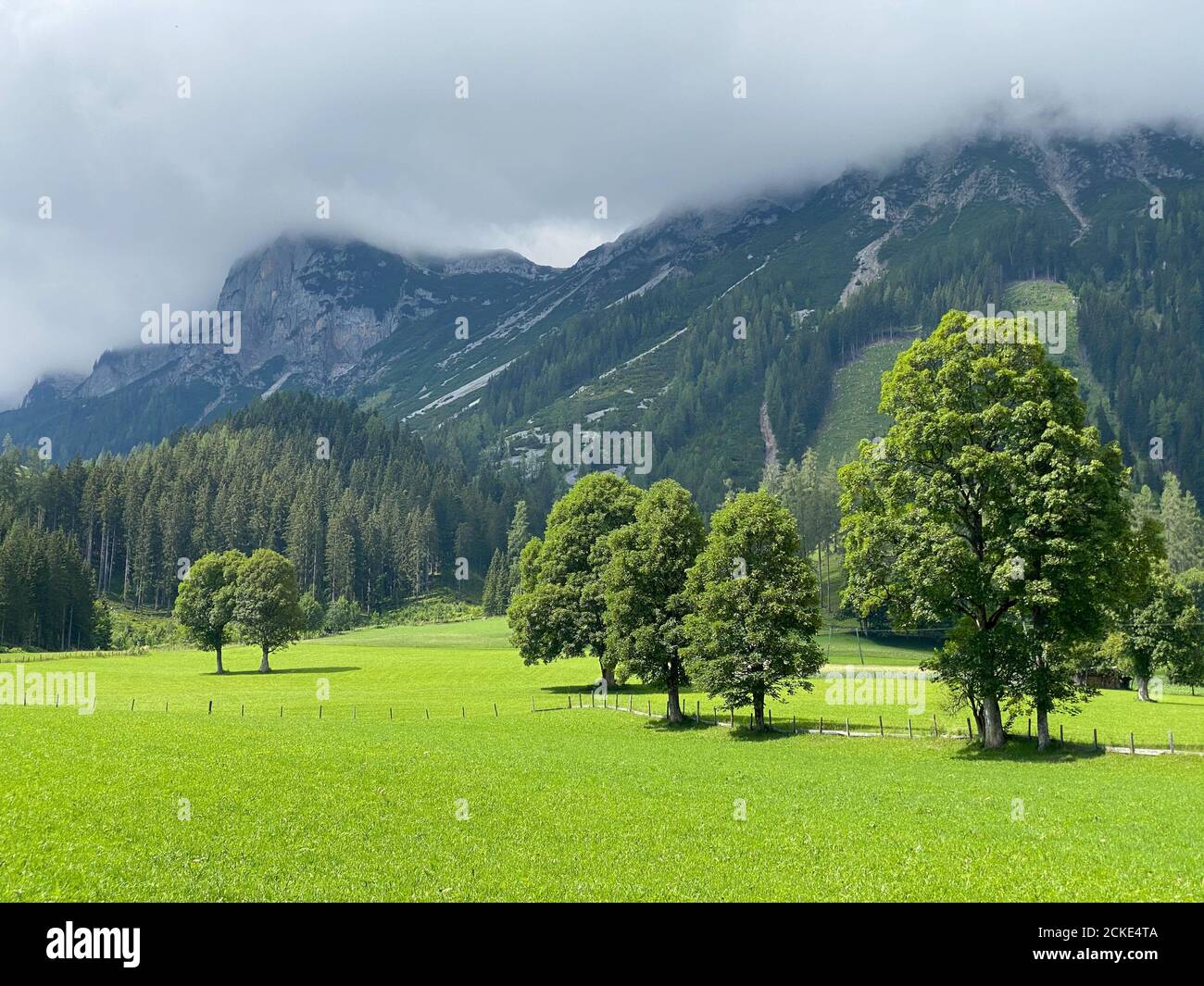 Landschaft in Ramsau am Dachstein, Österreich. Dieses wunderschöne Almengebiet am Fuße der imposanten Südwand des Dachsteins bietet viele Hiki Stockfoto