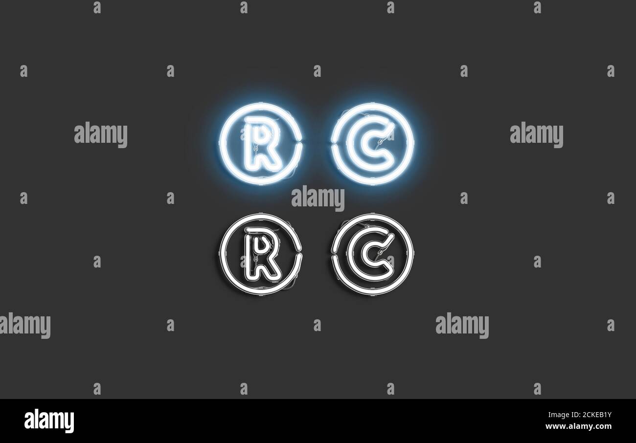 Neon Copyright und registriert Symbol, kreative Schriftart Mock up Stockfoto