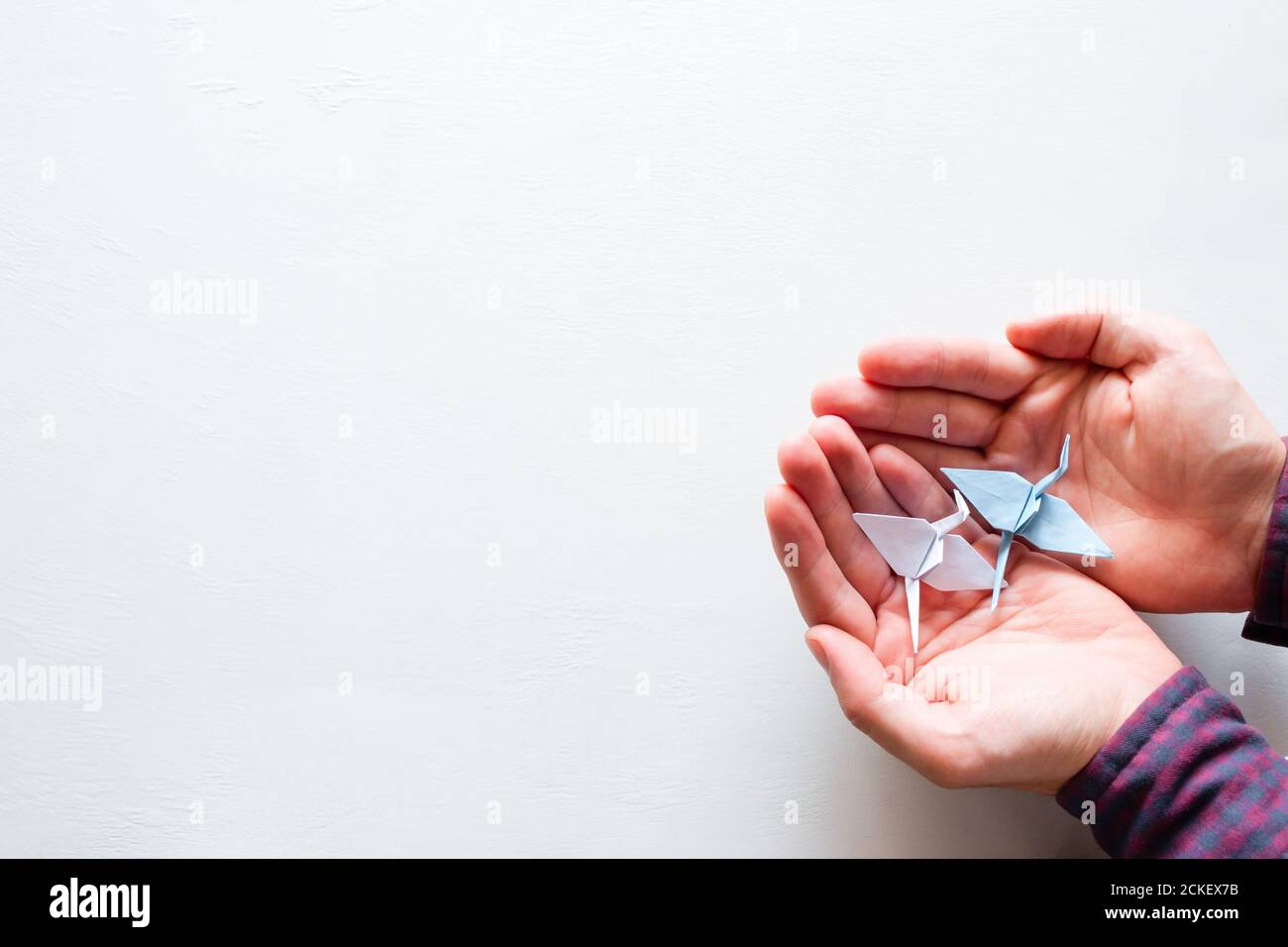 Mann hält einen Kran von Origami auf einem weißen Hintergrund Mit Platz für Text Stockfoto