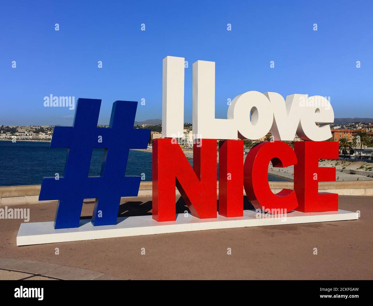 Nizza, Frankreich - August, 2020: Ich liebe das Nice-Zeichen, Wahrzeichen von Nizza Stockfoto