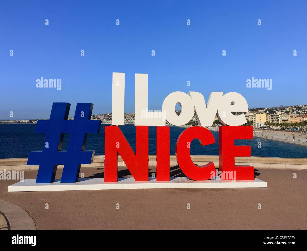 Nizza, Frankreich - August, 2020: Ich liebe das Nice-Zeichen, Wahrzeichen von Nizza Stockfoto