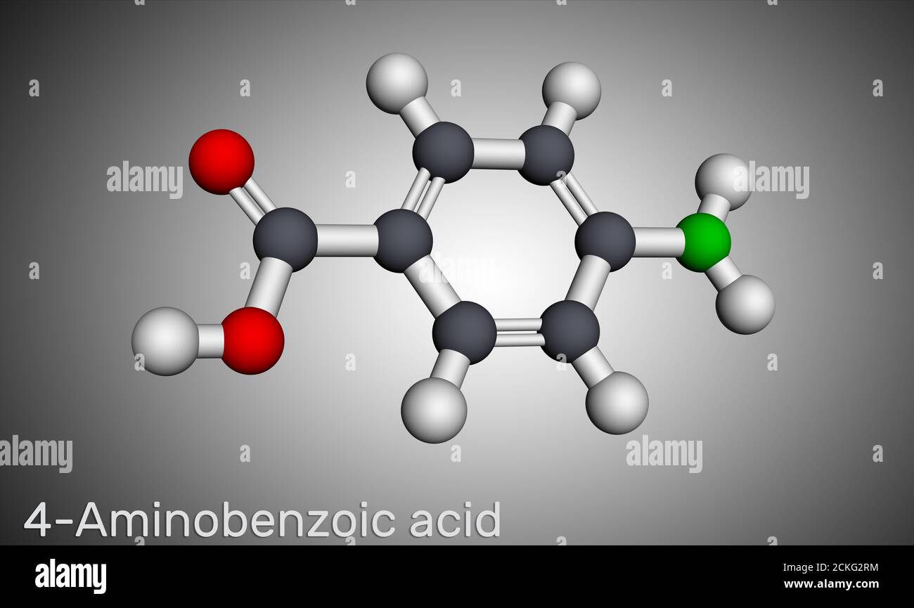 4-Aminobenzoesäure, p-Aminobenzoesäure, PABA-Molekül. Es ist ein essentieller Nährstoff für einige Bakterien und Mitglied des Vitamin-B-Komplexes. Molekularmodell. Stockfoto