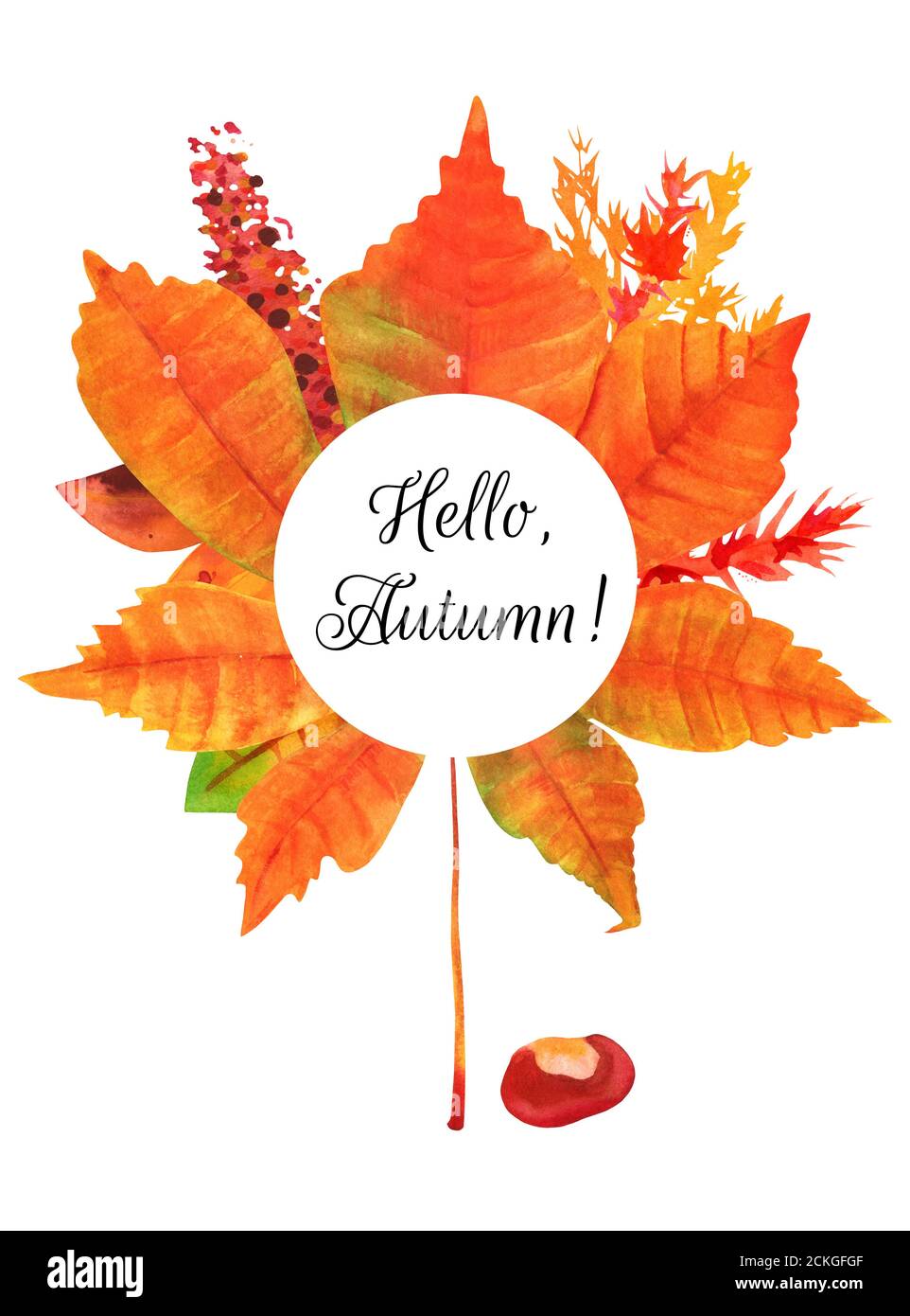 Hallo, Herbst Aquarell Rahmen mit einem Kastanienblatt Komposition in Herbstfarben, auf weißem Hintergrund Stockfoto
