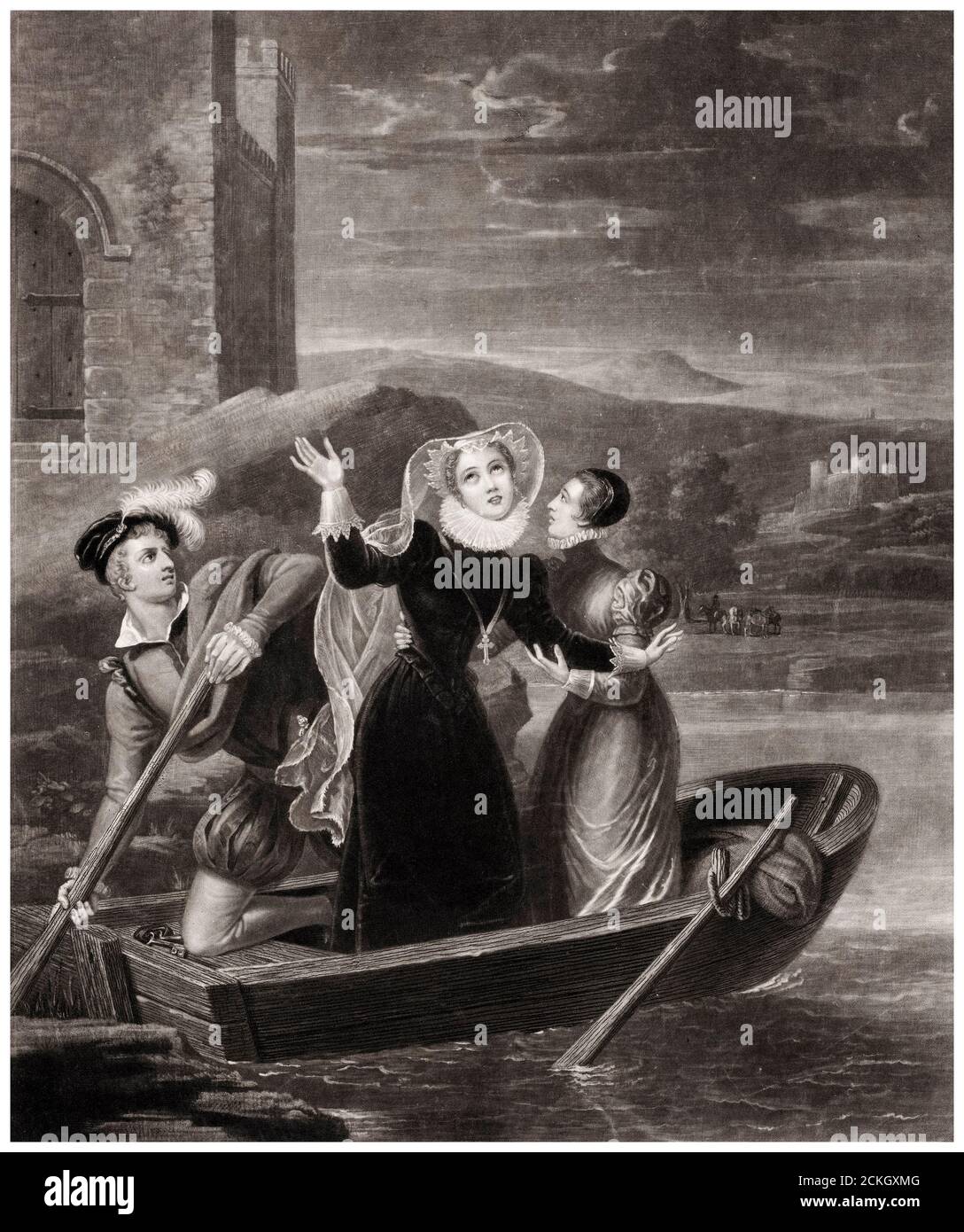 Die Flucht der Königin Maria von Schotten (1542-1587), aus Loch Leven Castle am 2. Mai 1568, Mezzotint-Druck von Henry Edward Dawe nach Henri Jean-Baptiste Fradelle, um 1828 Stockfoto