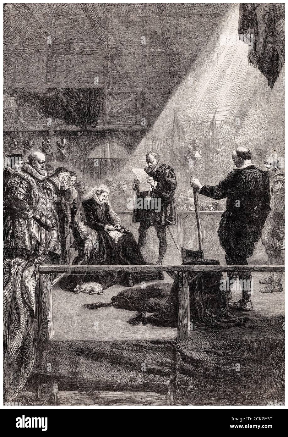 Hinrichtung von Mary Queen of Scots (1542-1587), am 8. Februar 1587 in der Großen Halle von Fotheringhay Castle, Northamptonshire, England, Stich von William Luson Thomas nach Sir John Gilbert, 1861 Stockfoto