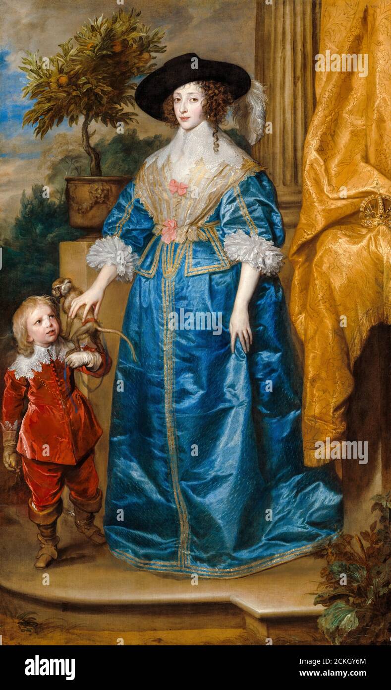 Henrietta Maria (1609-1669), Königin von England Schottland und Irland mit Sir Jeffrey Hudson (1619-um 1682), Hofzwerg, Porträtmalerei von Anthony van Dyck, 1633 Stockfoto