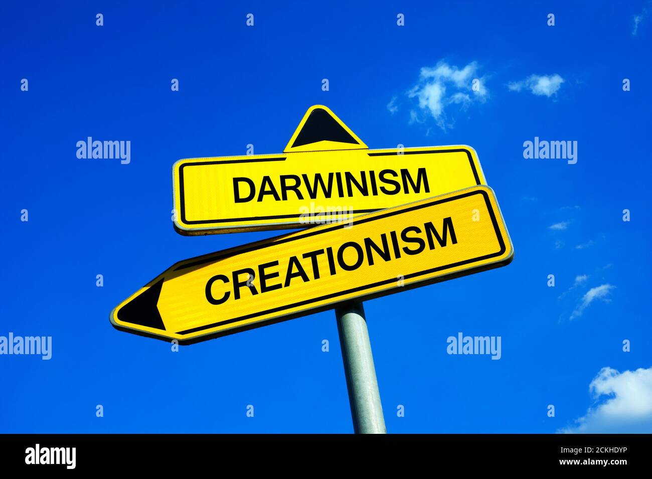 Darwinismus vs. Kreationismus - Verkehrsschild mit zwei Optionen - Konflikt zwischen Evolutionstheorie und christlichem Glauben des Schöpfers Und Kreation Stockfoto