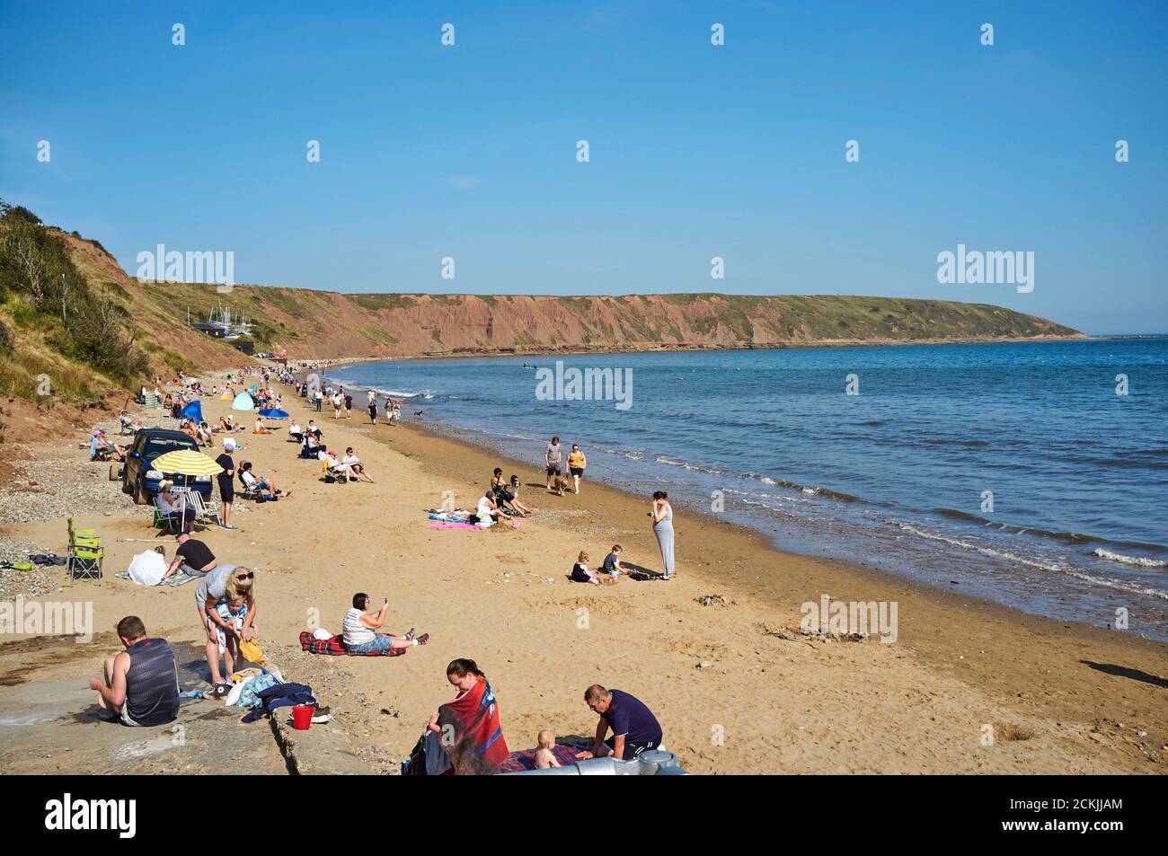 Der Strand von Filey Cobble Landing, North Yorkshire Ostküste, Nordengland, Großbritannien Stockfoto