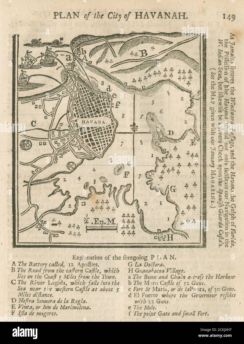 Gravur „Plan of the City of Havanah“ aus dem Gentleman’s Magazine, März 1740 mit möglicher Bombardierung vom Meer. QUELLE: ORIGINALMAGAZIN Stockfoto