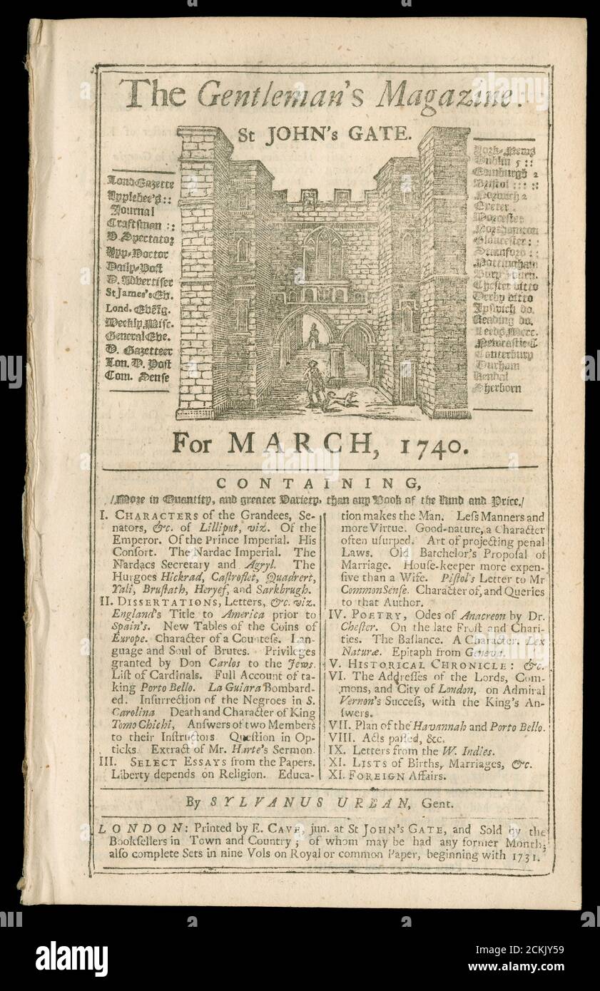 The Gentleman’s Magazine vom März 1740. Das Gentleman's Magazine war ein monatliches Magazin, das im Januar 1731 von Edward Cave in London, England, gegründet wurde. Es lief ununterbrochen für fast 200 Jahre, bis 1922. QUELLE: ORIGINALMAGAZIN aus gebundenem Volumen entfernt. Stockfoto