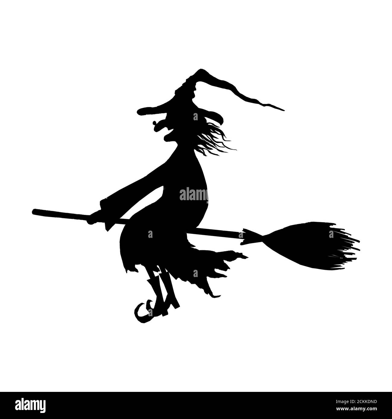 Halloween Hexe. Silhouette von lächelnden böse Hexe fliegen auf Broomstick mit Hut mit einer Warze auf der Nase isoliert auf weißem Hintergrund. Symbol illustrat Stockfoto