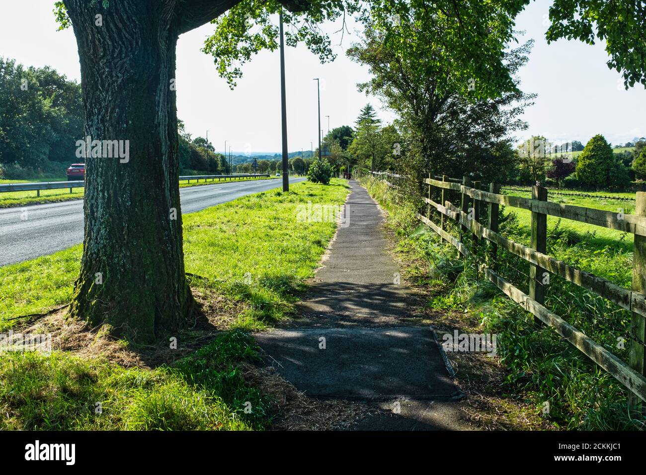 Fussweg und Doppelkutschenweg im Herbstlicht. Dies ist die A6119 , Yew Tree Drive, Blackburn, Lancashire, UK Stockfoto