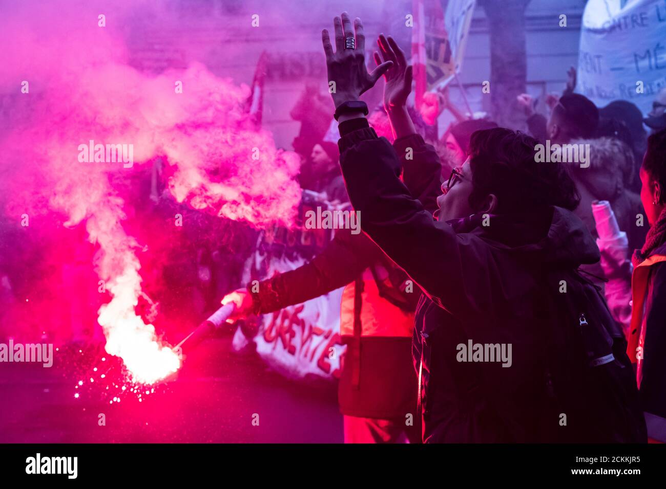 Manifestation contre la réforme des retraites à Paris le 9 janvier 2020. Stockfoto