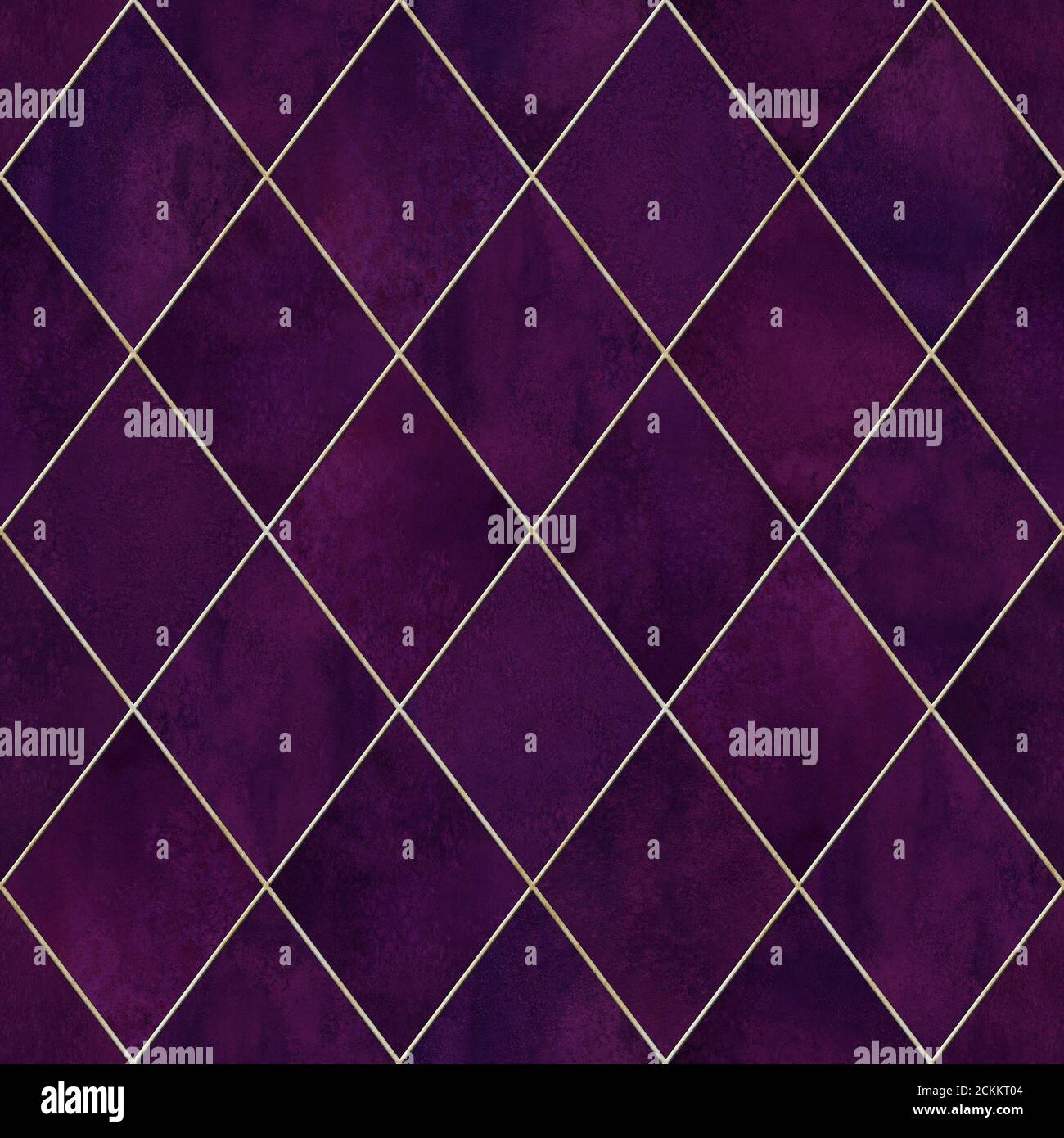 Aquarell argyle abstrakte geometrische Karo Nahtloses Muster mit Gold Glitter Linie Kontur. Aquarell handgezeichnet dunkel lila Luxus glitzernden Hintergrund Stockfoto