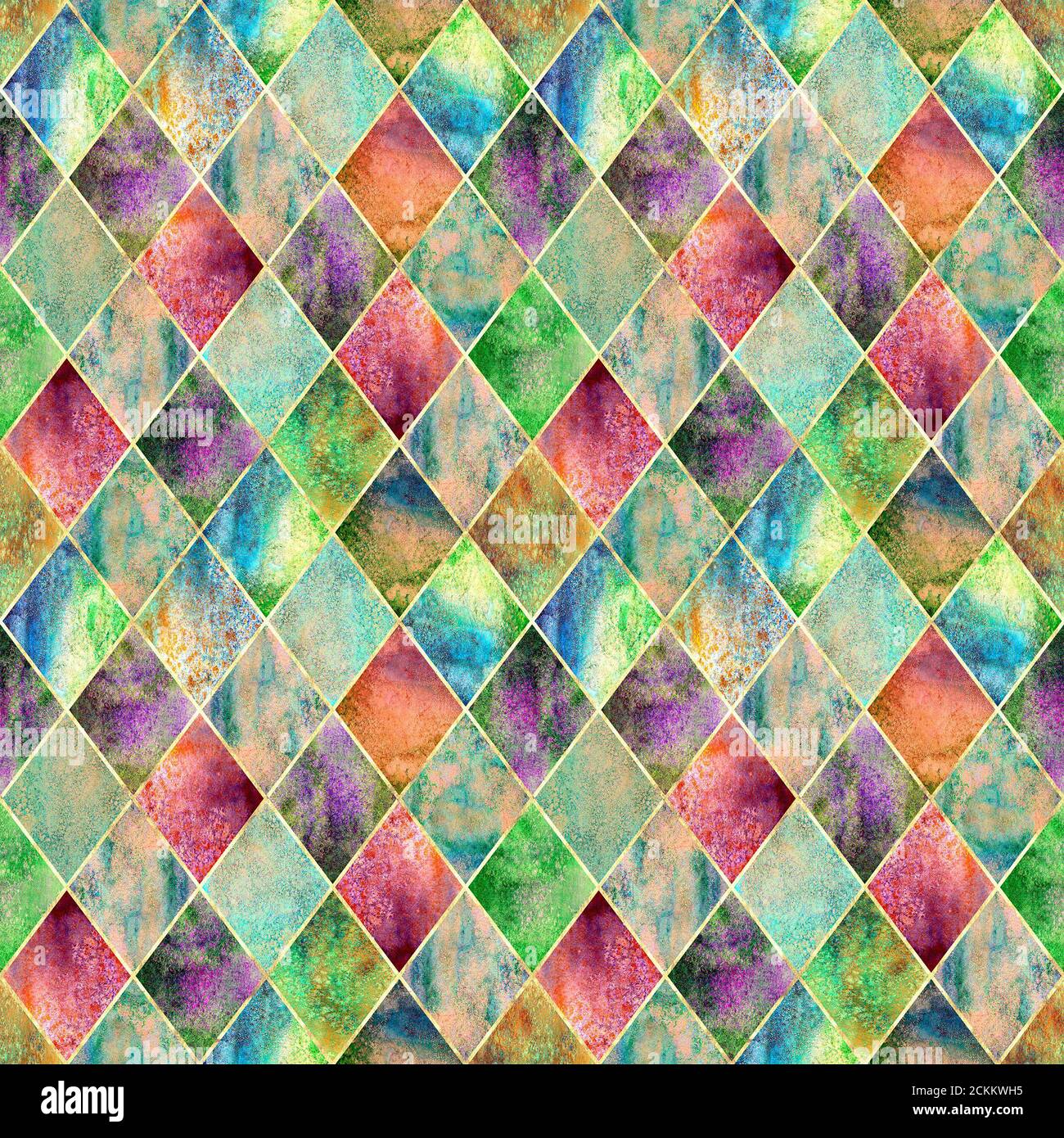 Aquarell argyle abstrakt grün geometrisch Karo Nahtloses Muster mit Gold Glitter Linie Kontur. Aquarell Hand gezeichnet hell bunte Textur backg Stockfoto