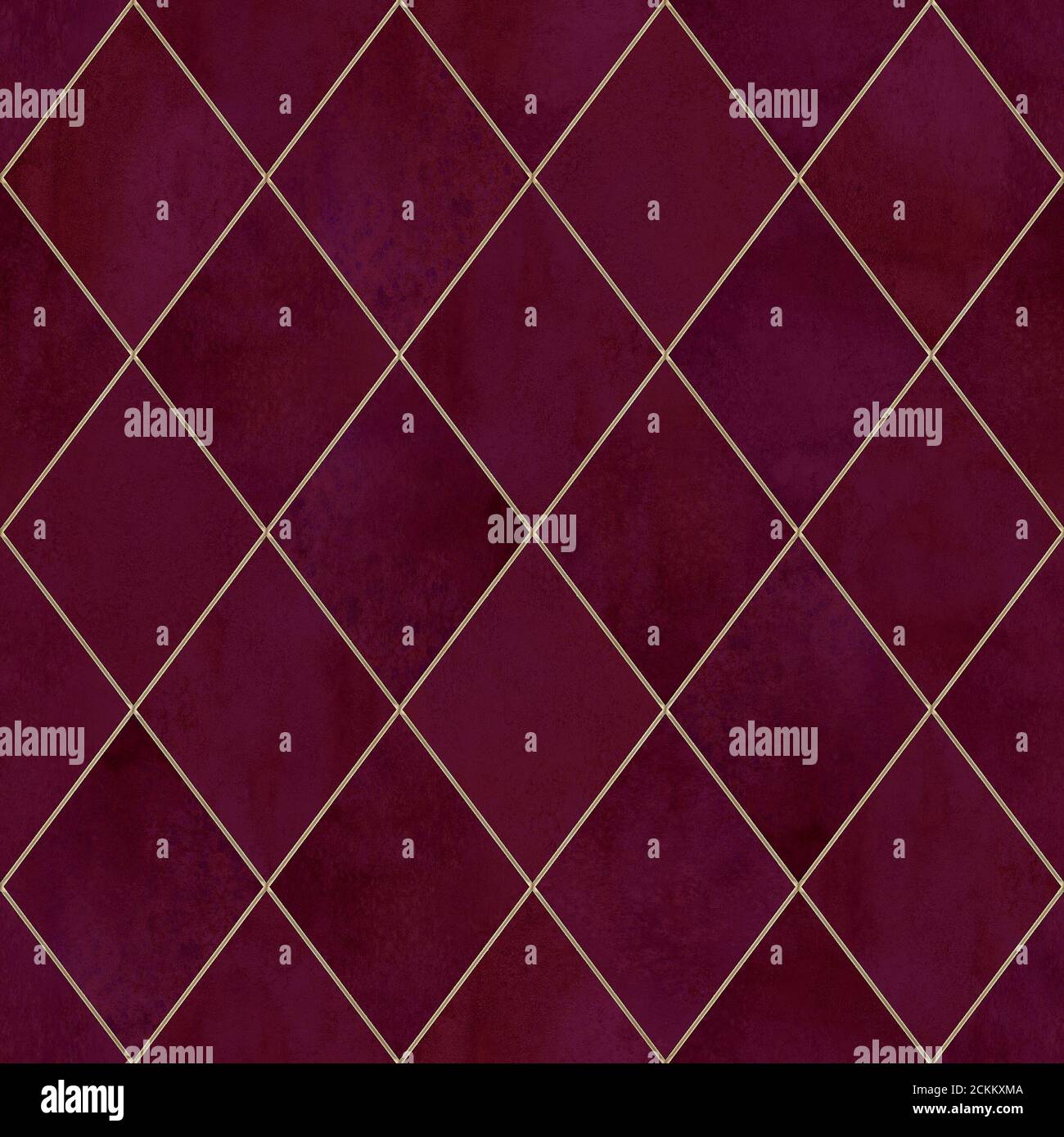 Aquarell argyle abstrakte geometrische Karo Nahtloses Muster mit Gold Glitter Linie Kontur. Aquarell handgezeichneter burgunderroter Hintergrund. Luxus-Tex Stockfoto