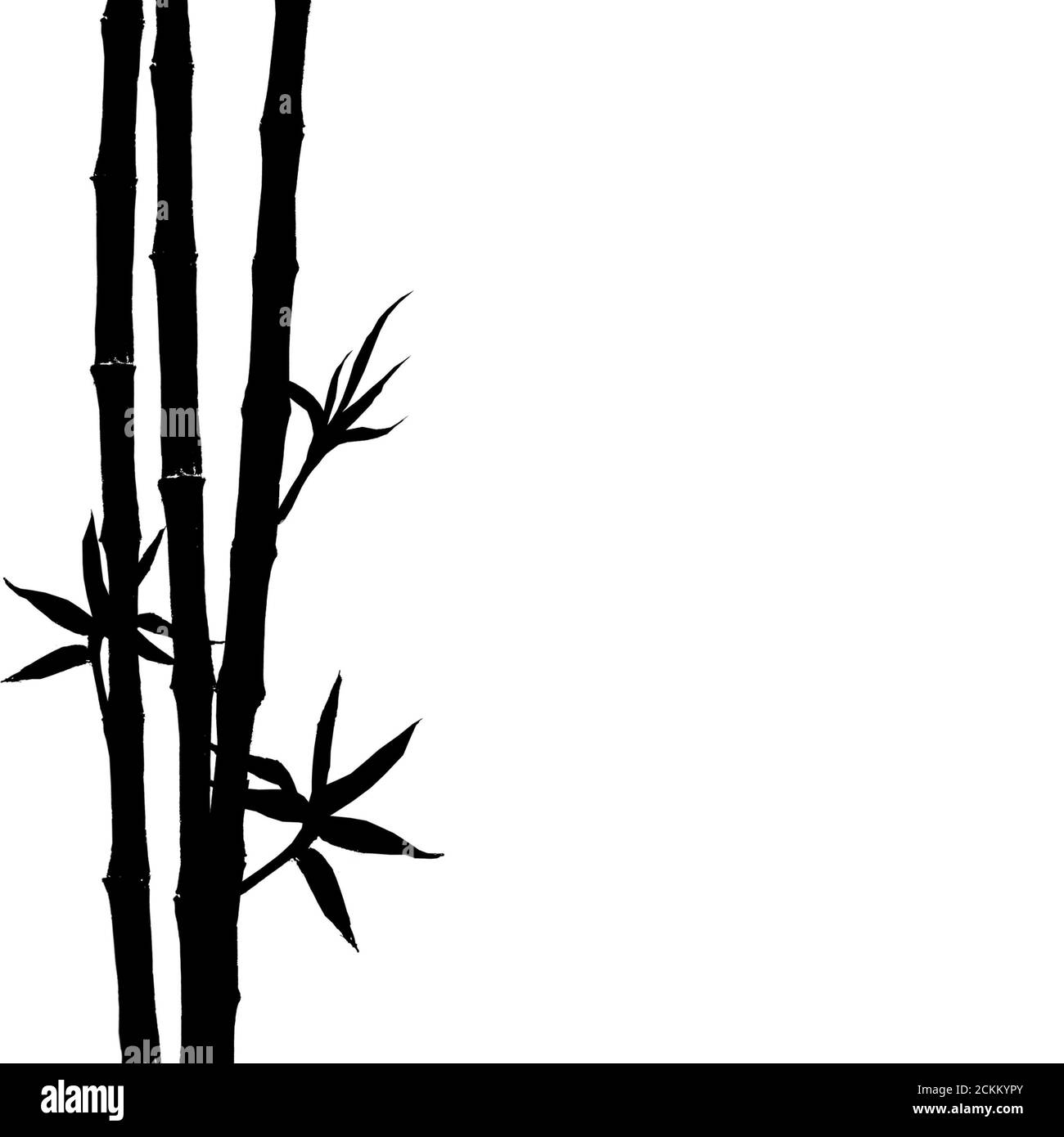 Schwarze Silhouette von Bambusstämmen und Blättern isoliert auf weißem Hintergrund. Handgezeichnete botanische Illustration mit Platz für Text. Stockfoto