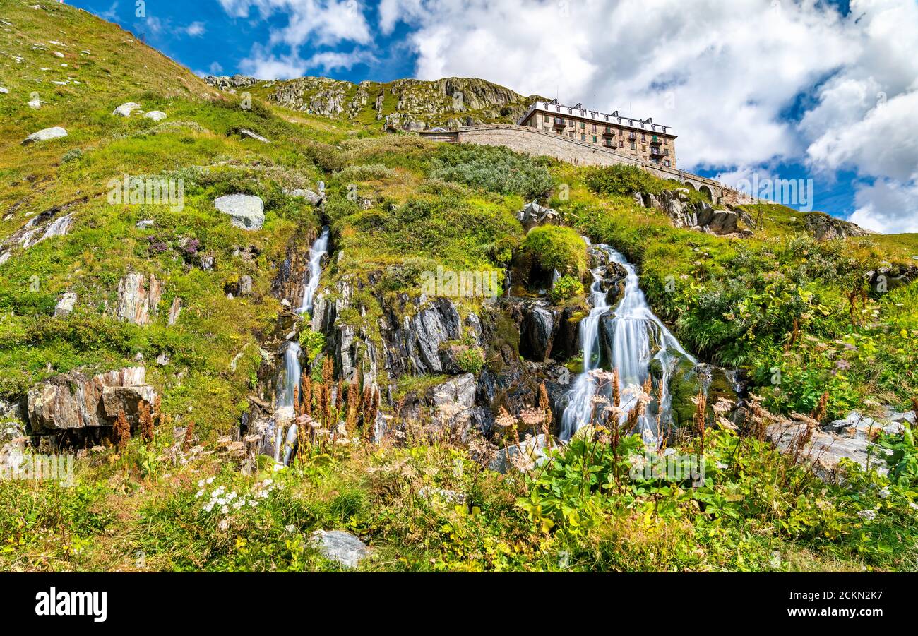 Wasserfall am Rhonegletscher am Furkapass in der Schweiz Stockfoto