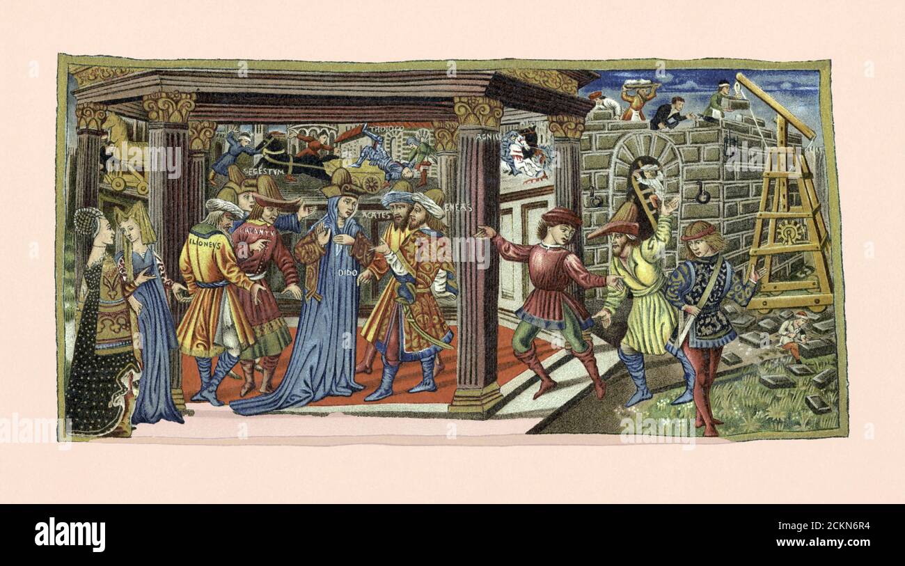 Aeneas trifft Dido. Dido war die Gründerin und erste Königin von Karthago. Aeneas - sein Charakter ist in dieser Abbildung als Eneas beschrifte - war ein trojanisches Held, in das Dido sich verliebte. Die legendären Charaktere wurden in der Aeneid vom römischen Dichter Virgil verewigt und in der Oper Dido und Aeneas vom englischen Musiker Henry Purcell. Aus einem Werk eines nicht identifizierten Künstlers. Stockfoto