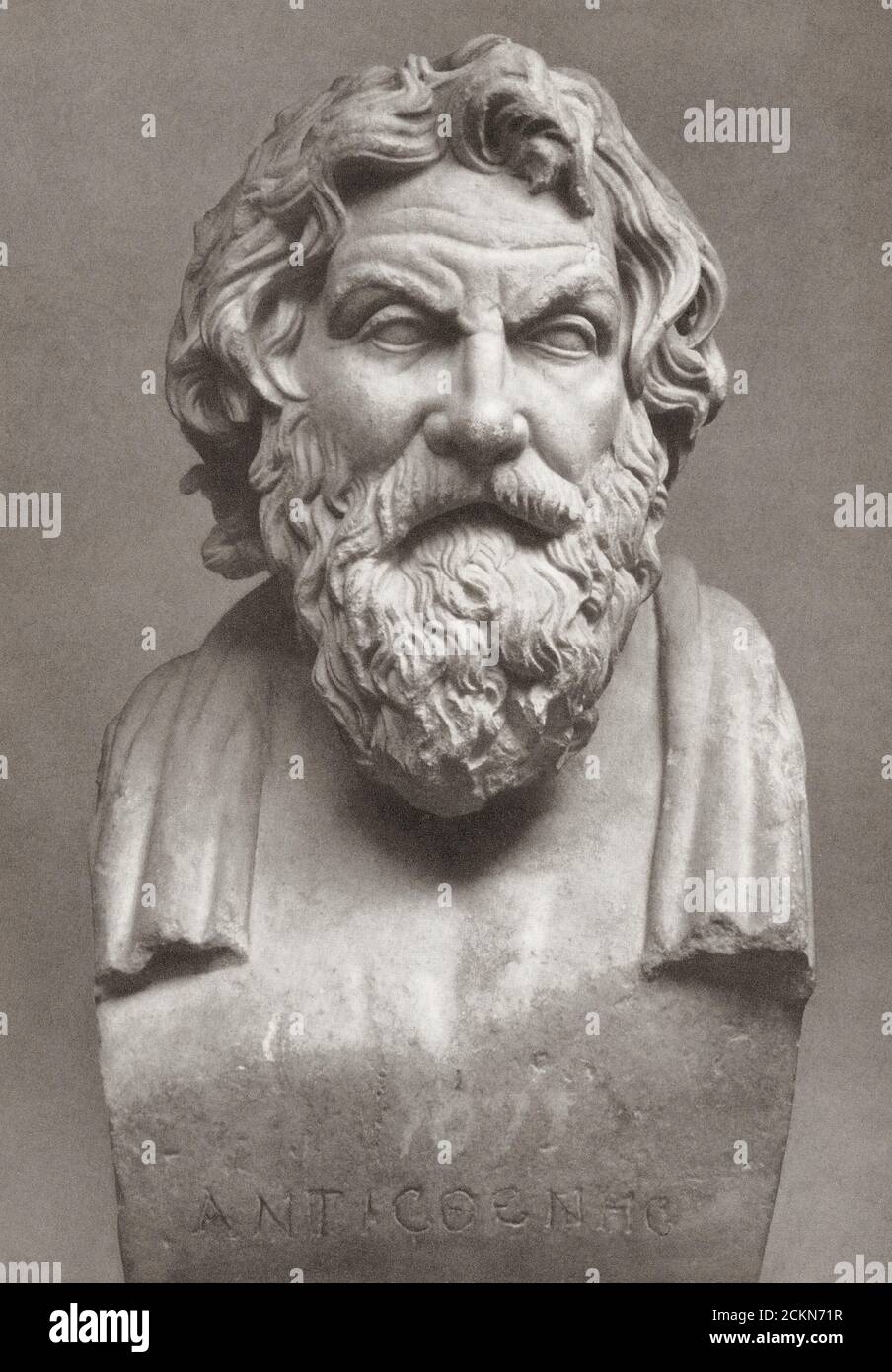 Antisthenes geboren um 445 v. Chr. starb um 365 v. Chr.. Griechischer Philosoph und Schüler von Sokrates. Nach einer Büste des 2. Jahrhunderts n. Chr. im Vatikanischen Museum dachte, eine römische Kopie eines 3. Jahrhunderts v. Chr. Werk möglicherweise von Athener Bildhauer Phyromanchus sein. Stockfoto