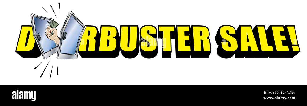 Doorbuster Verkauf Kopie Logo auf weißem Hintergrund Stockfoto