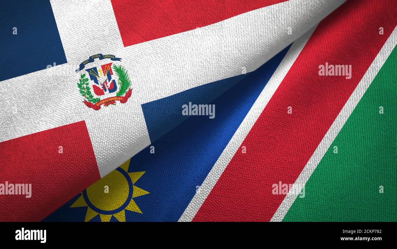 Dominikanische Republik und Namibia zwei Flaggen Textiltuch, Stoffstruktur Stockfoto