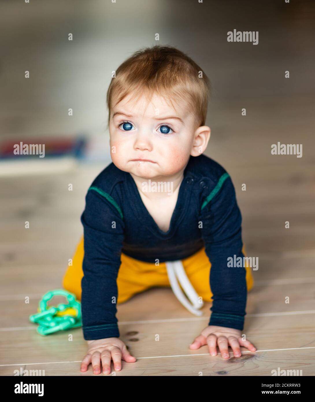 6-8 Monate alter Junge Crawler mit großen blauen Augen Stockfoto