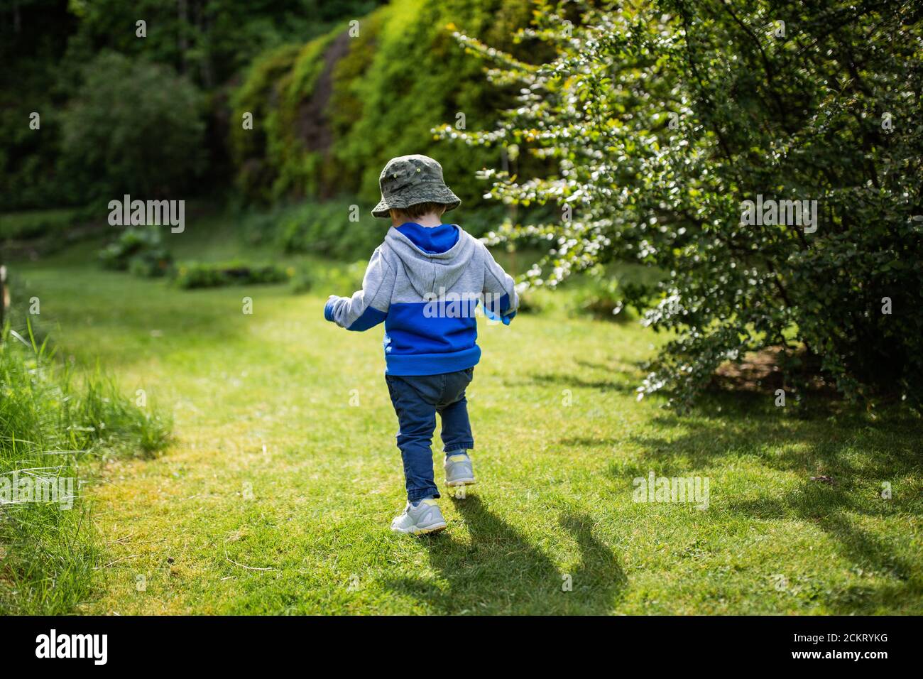 Kleiner Junge läuft im grünen Gras Stockfoto