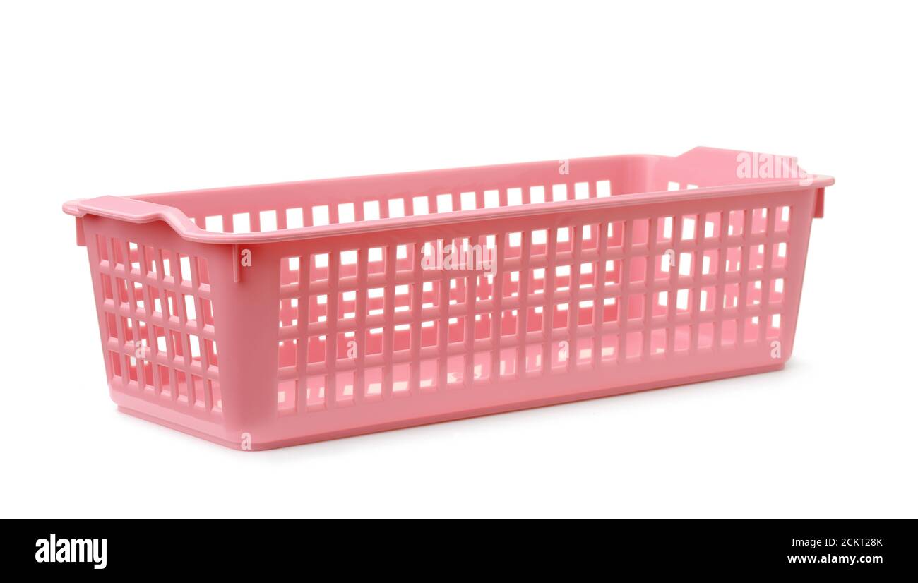 Rosa rechteckige Kunststoff Aufbewahrungskorb isoliert auf weiß Stockfoto