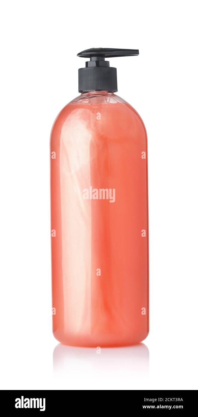 Plastikflasche mit rotem Duschgel isoliert auf weiß Stockfoto