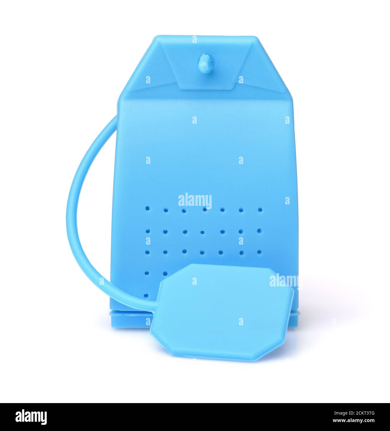 Vorderansicht der blauen Silikon Tee Infuser Tasche isoliert auf Weiß Stockfoto