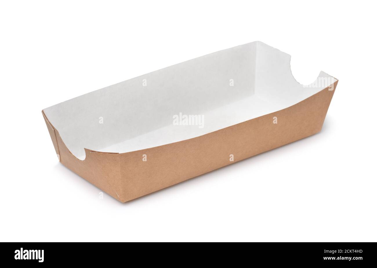 Leeres Papier-Hot-Dog-Fach isoliert auf Weiß Stockfoto